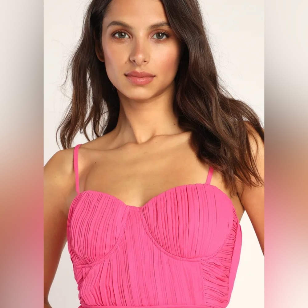Lulu’s Cascading Crushed HotPink Midi Dress-Size Large - Picture 3 of 16